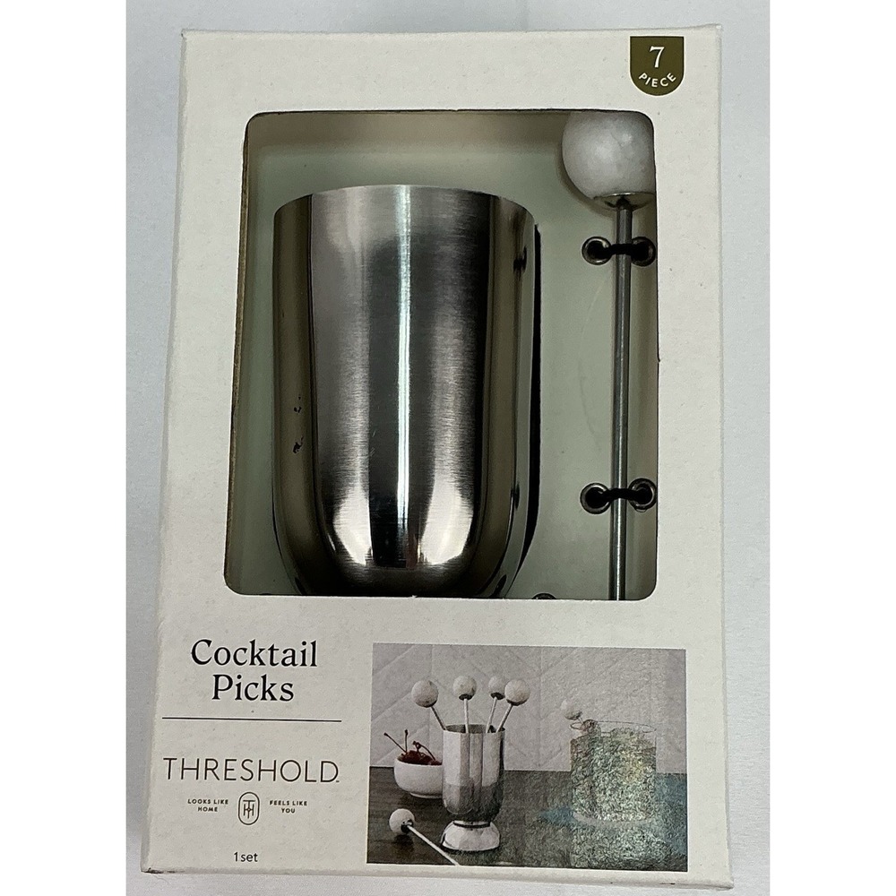 Threshold Cocktail Picks Set 7 Pc Stainless Steel Holder Bar Tool New
